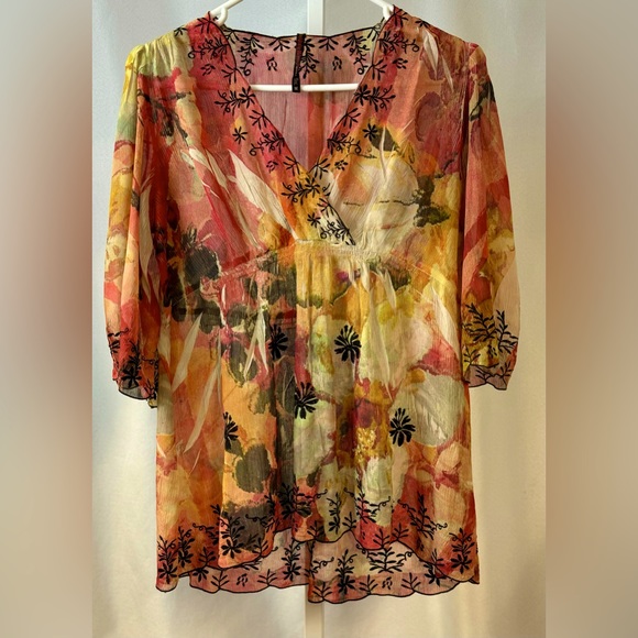 Sienna Rose Tops - Mushka By Sienna Rose Floral Print Embroidered Sheer Lightweight‎ Blouse Sz M